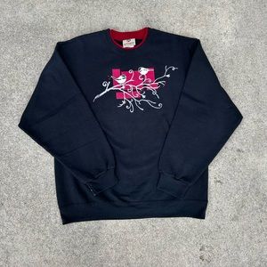 Women’s black with red collar Artisans bird themed grandma sweater crewneck